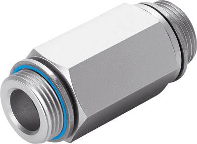 Sekskantede metaldel med gevind i begge ender, muligvis en adapter eller forbinder, med blå tætningsring.