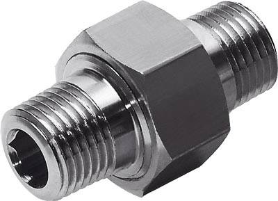 Metaladapter med to udvendige gevind, egnet til rørsamlinger.