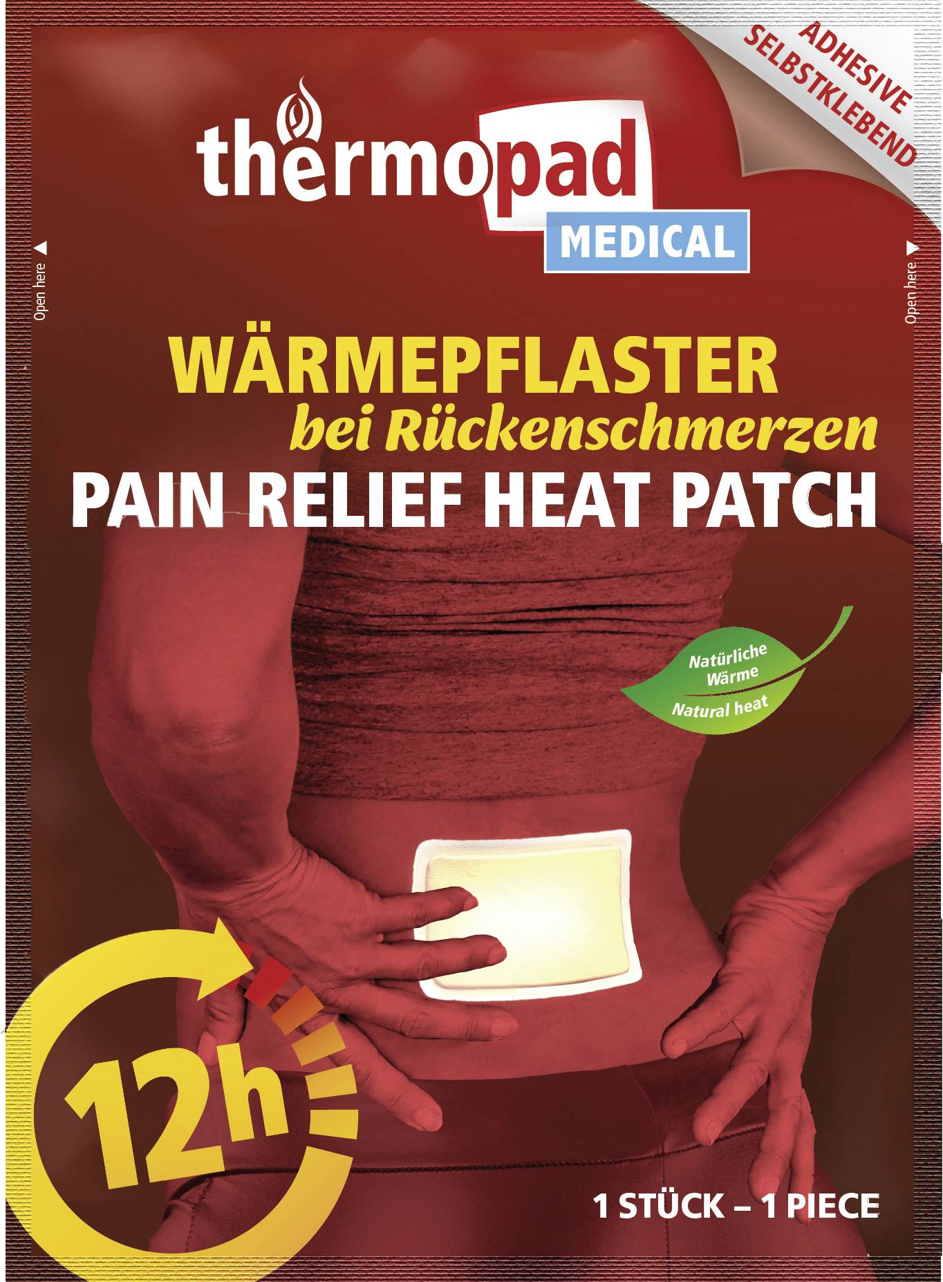 En pakke 'Thermopad Medical Pain Relief Heat Patch' til rygsmerter. Viser en persons ryg med et pleister, lover 12 timers lindring.