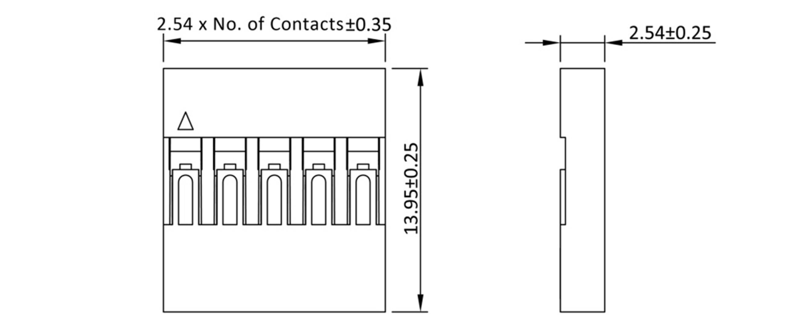 Elektrisk klemmeblokdiagram med mål: Bredde 2,54 x antal kontakter ±0,35 mm, højde 13,95 ±0,25 mm. Sidevisning til højre.