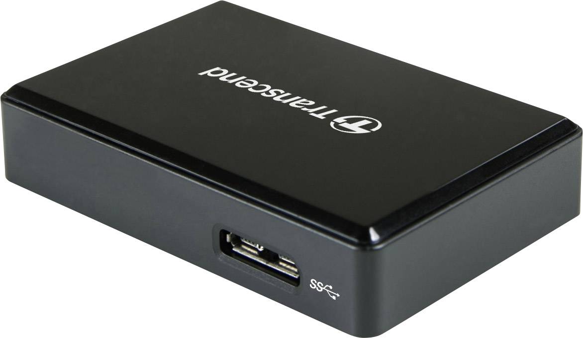 Ekstern harddisk fra Transcend i et sort kabinet, USB-stik synligt på siden.