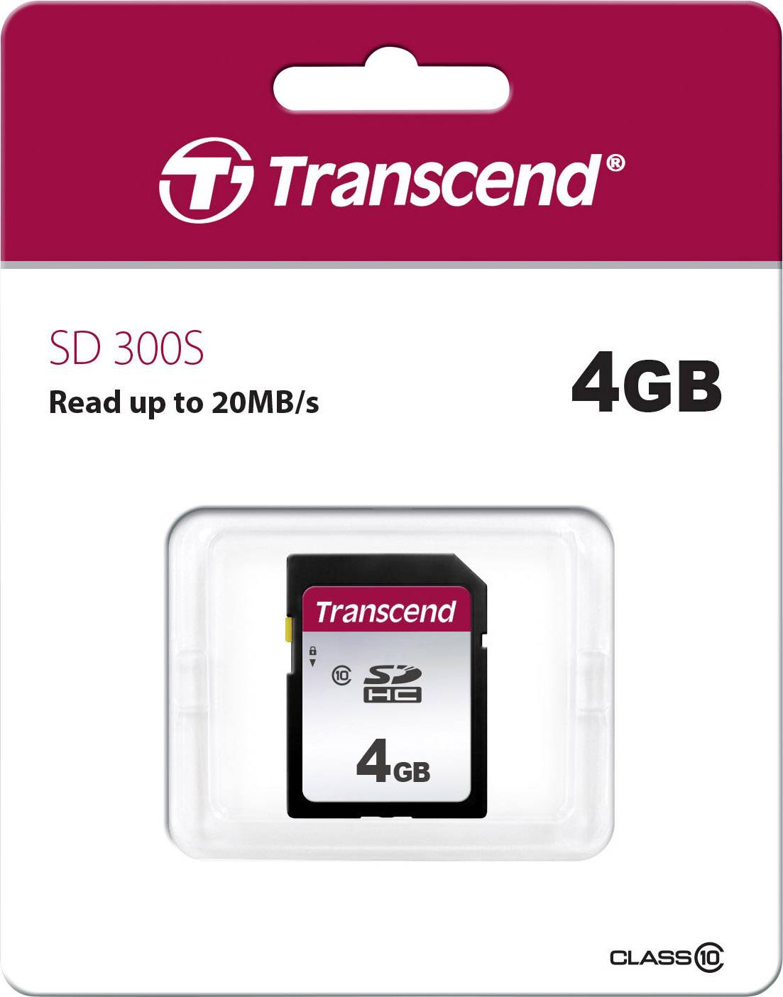 Transcend SD-kort, 4GB, Klasse 10, hastighed op til 20MB/s. Emballage i hvid og rød.