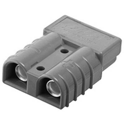 Grå stikforbinder med to runde kontakter, robust design, egnet til elektriske forbindelser.
