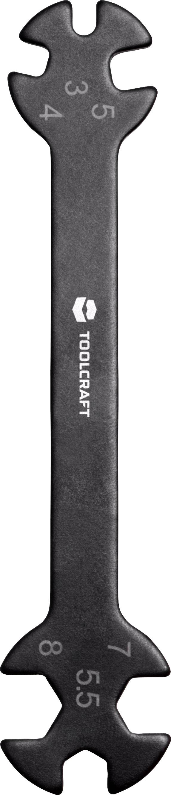 Sort dobbeltsidet nøgle med størrelserne 3, 3,5, 4, 5, 5,5, 7 og 8, med varenavnet 'Toolcraft' i midten.