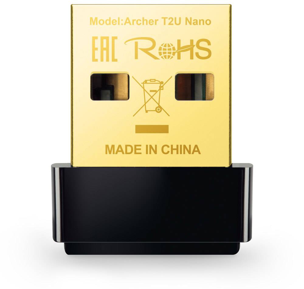 En lille, rektangulær USB-adapter med påskriften 'Archer T2U Nano', 'EAC', 'RoHS' og 'MADE IN CHINA' i guld på sort baggrund.