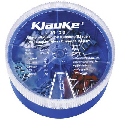 Rund plastikboks med forskellige kabelendehuller. Etiket viser størrelser: 0,25mm², 0,34mm², 0,5mm². Farver: Blå, turkis, hvid, grå, rød.