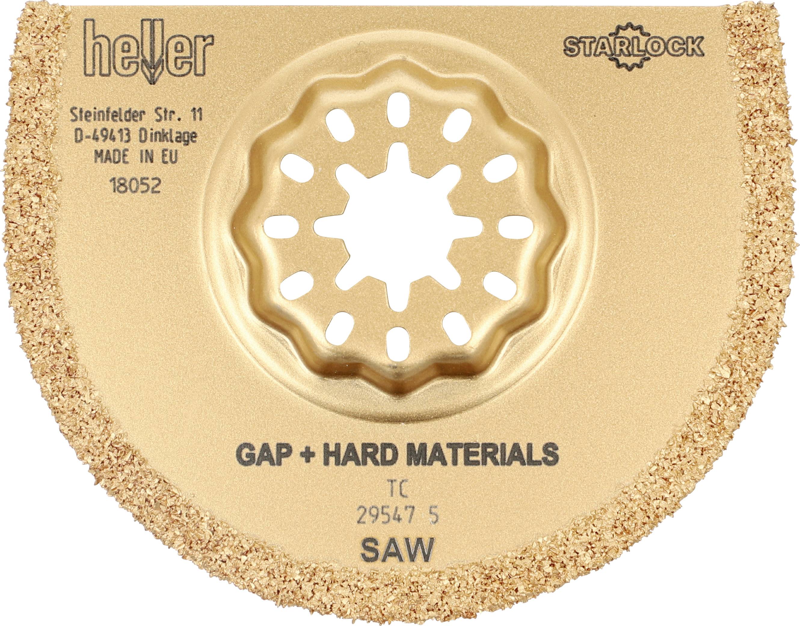 Gylden cirkulær savklinge mærket 'GAP + HARD MATERIALS' og 'SAW', med Starlock-montering og Heiler-branding.