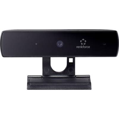 Sort webcam fra renkforce med beslag. Den har et centralt objektiv og to små lys på begge sider af logoet.