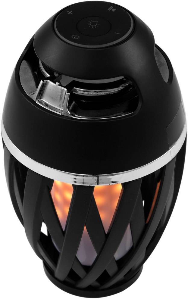 Sort bærbar Bluetooth-højtaler med integreret flammelys.