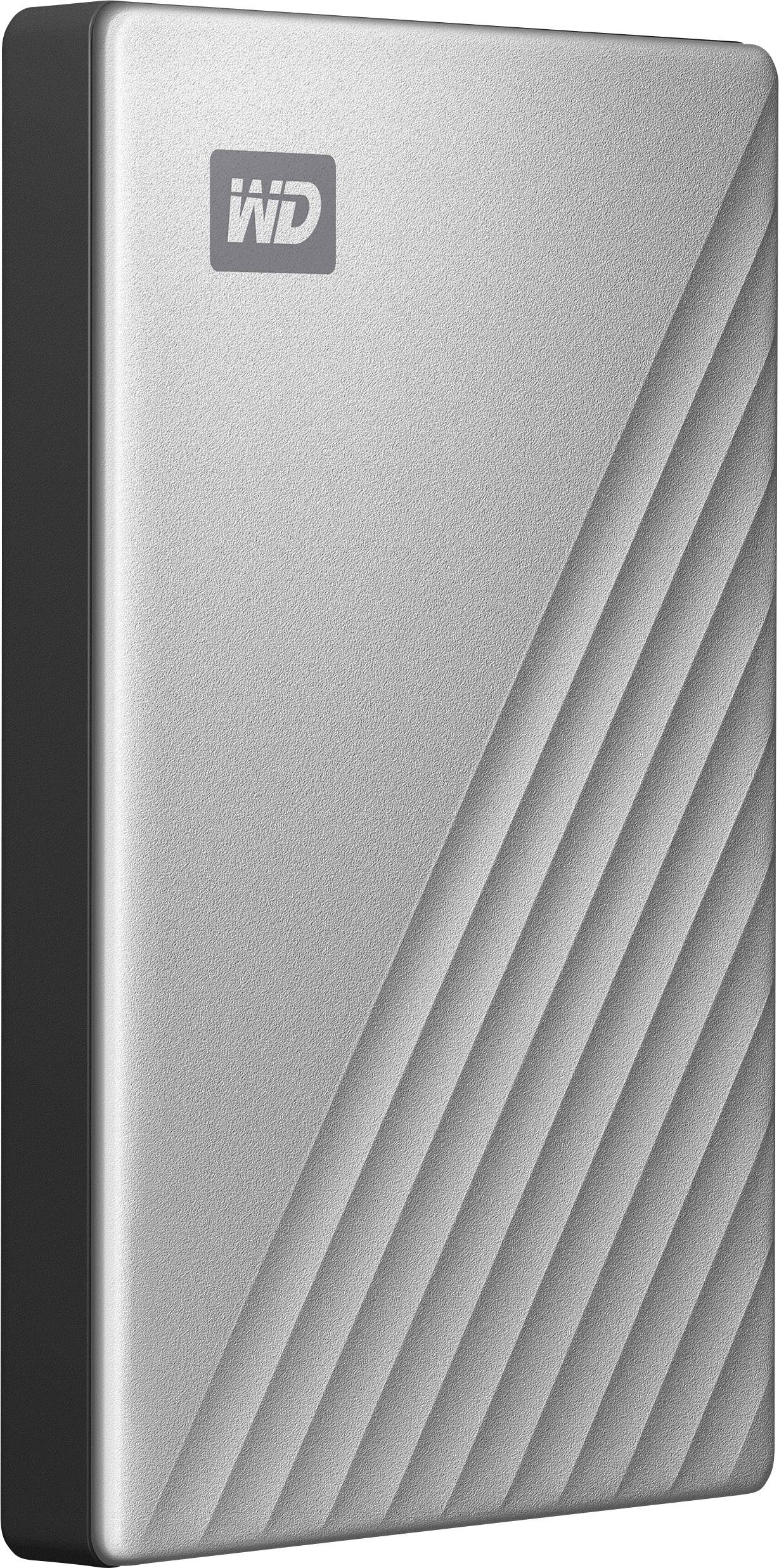 Ekstern harddisk med sølvfarvet kabinet og geometriske linjer. Et logo er synligt øverst til venstre.