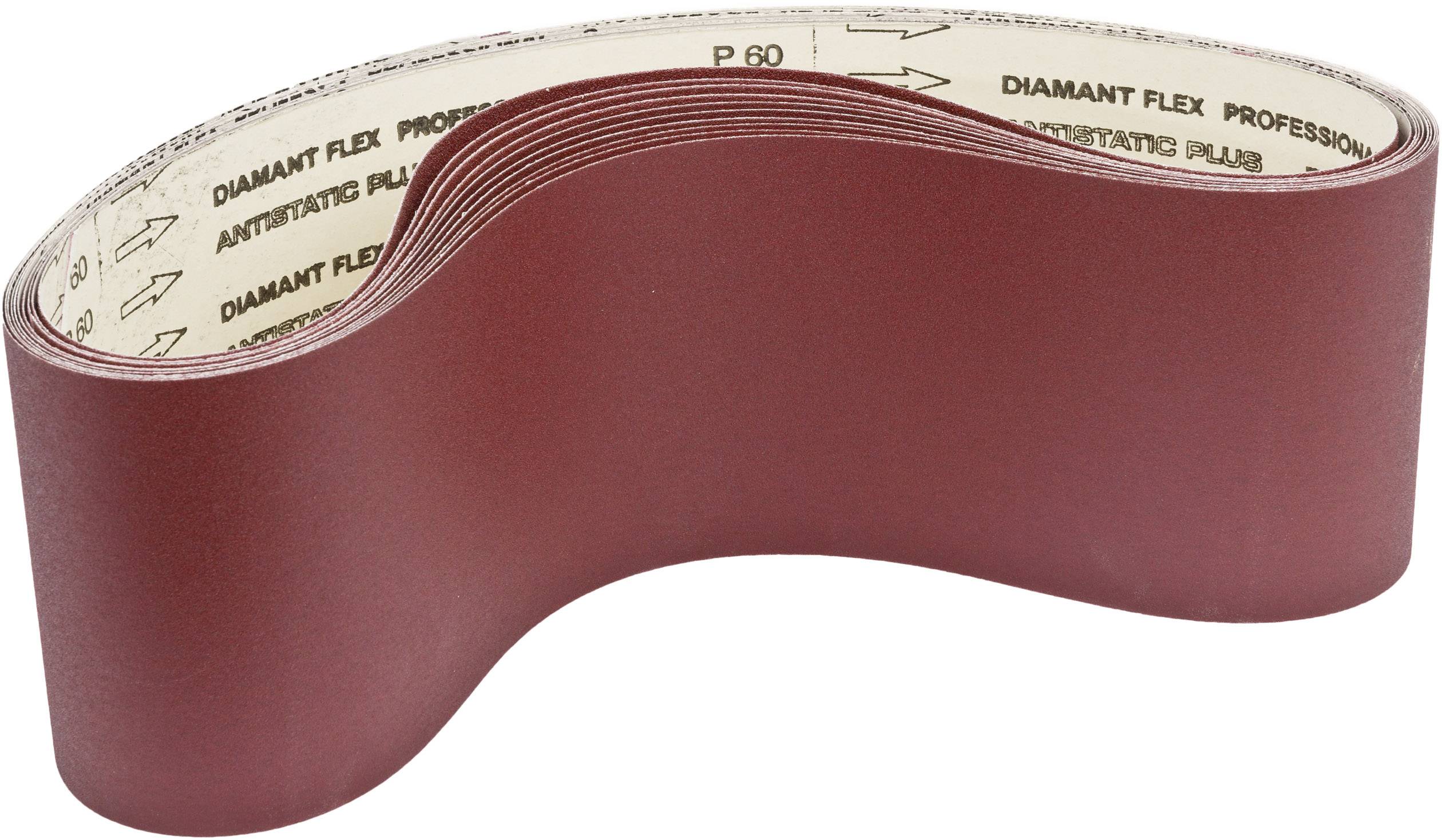 Slibebånd i rødt, påtrykt 'Diamant Flex Professional', egnet til slibemaskiner, buet form til ensartet slibning.