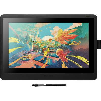 Et grafiktablet med et strålende farverigt digitalt kunstværk, der viser mytiske væsener i en fantasiverden. En stylus ligger foran.