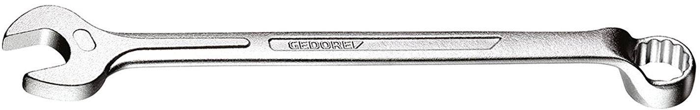 En justerbar skruenøgle med et åbent gab på den ene side og en ring på den anden, lavet af metal, ligger vandret.
