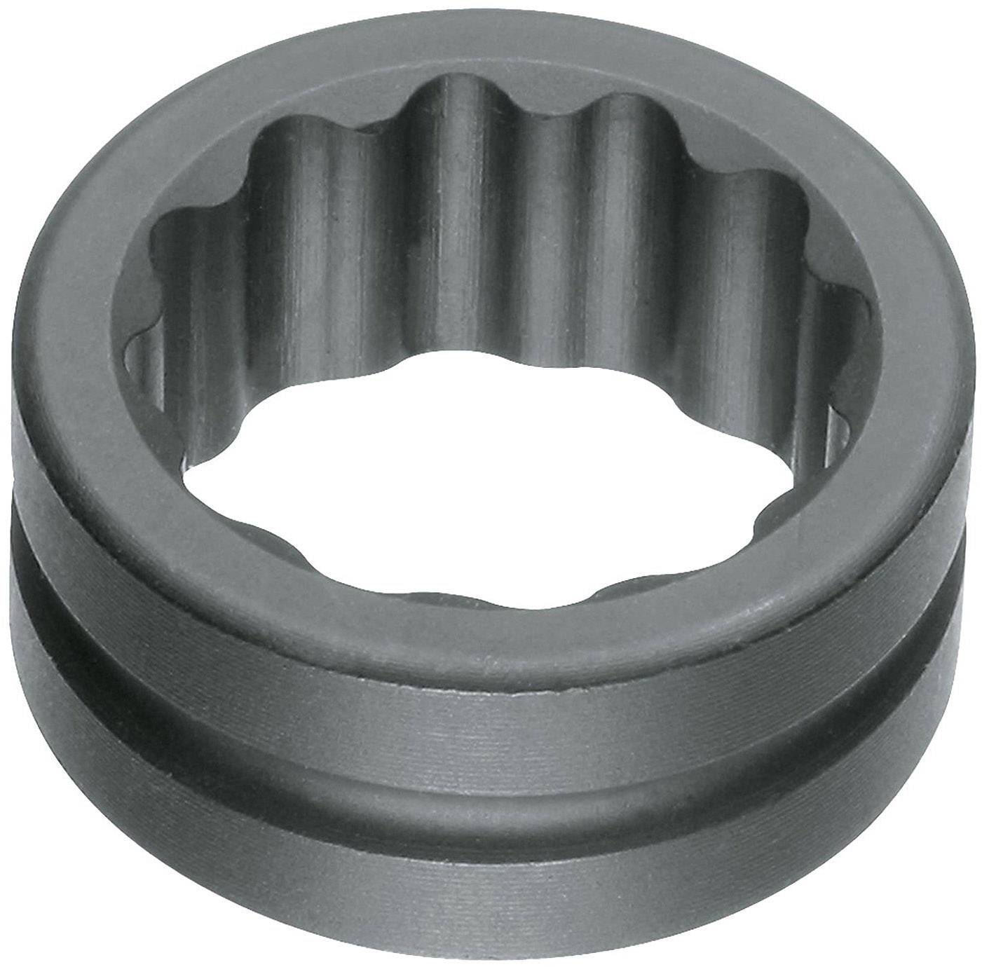 Et gråt, cylinderformet metalstykke med tandet inderkant, muligvis en del til en maskine eller et køretøj.