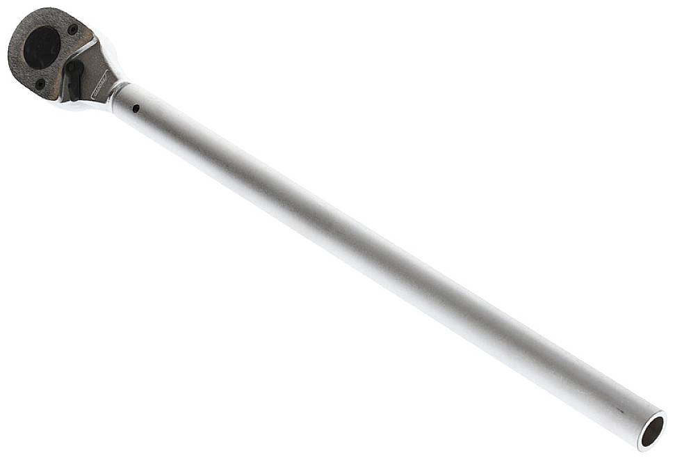En sølvfarvet metalstang med en mekanisme i den ene ende, sandsynligvis et værktøjstilbehør.