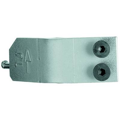 Metalclips med to indvendige sekskantskruer, hvor en indgraveret pilemarkeringen peger opad. Funktion: Mekanisk fastgørelse.