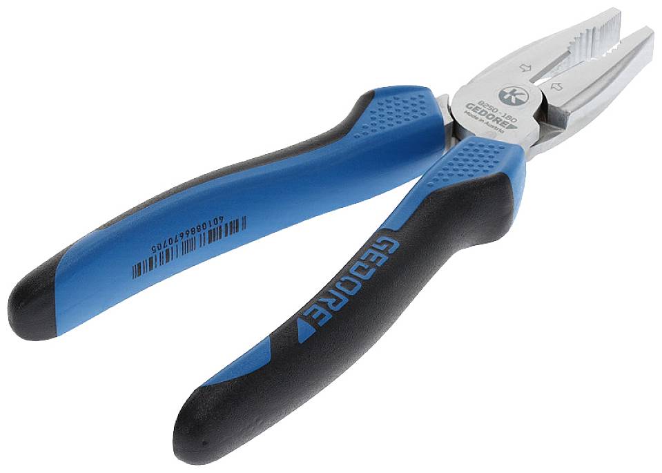 En blå og sort kombinationstang med ergonomisk greb ligger på en hvid baggrund.