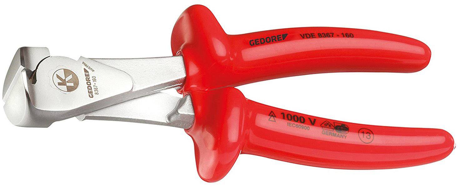 Røde avbideren med isolerede håndtag, egnet til arbejde op til 1000 volt. Mærket med 'Gedore' og sikkerhedscertifikater.