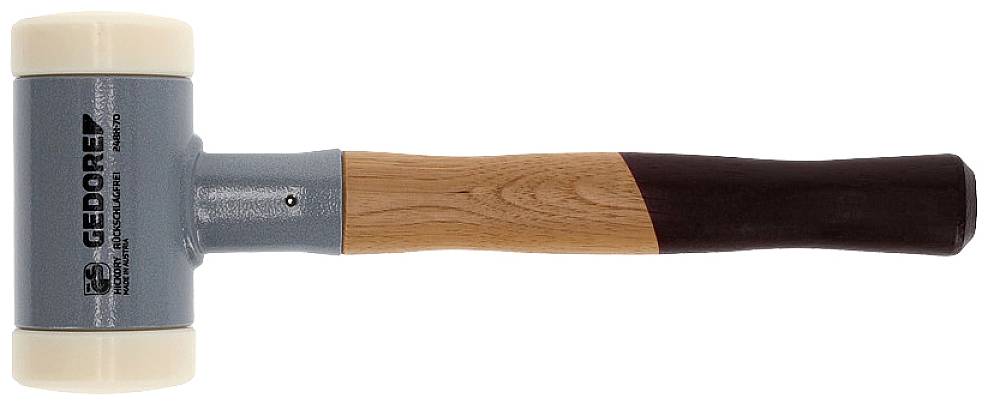 Gummihammer med lys træhåndtag og blåt hoved, trykt med 'GEDORE' og 'Soft Face Hammer 70'.