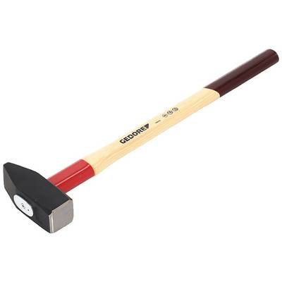 Hammer i træ med rød og brun håndtering og sort hoved, mærke 'GEDORE'.