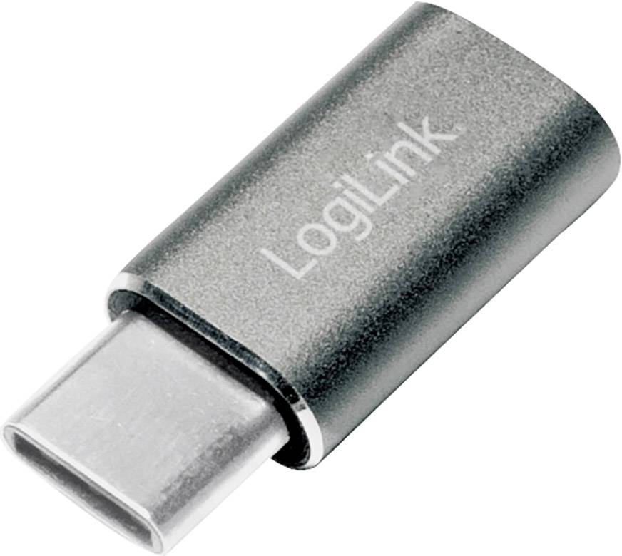 En sølvfarvet USB-C-til-USB-A-adapter fra LogiLink.