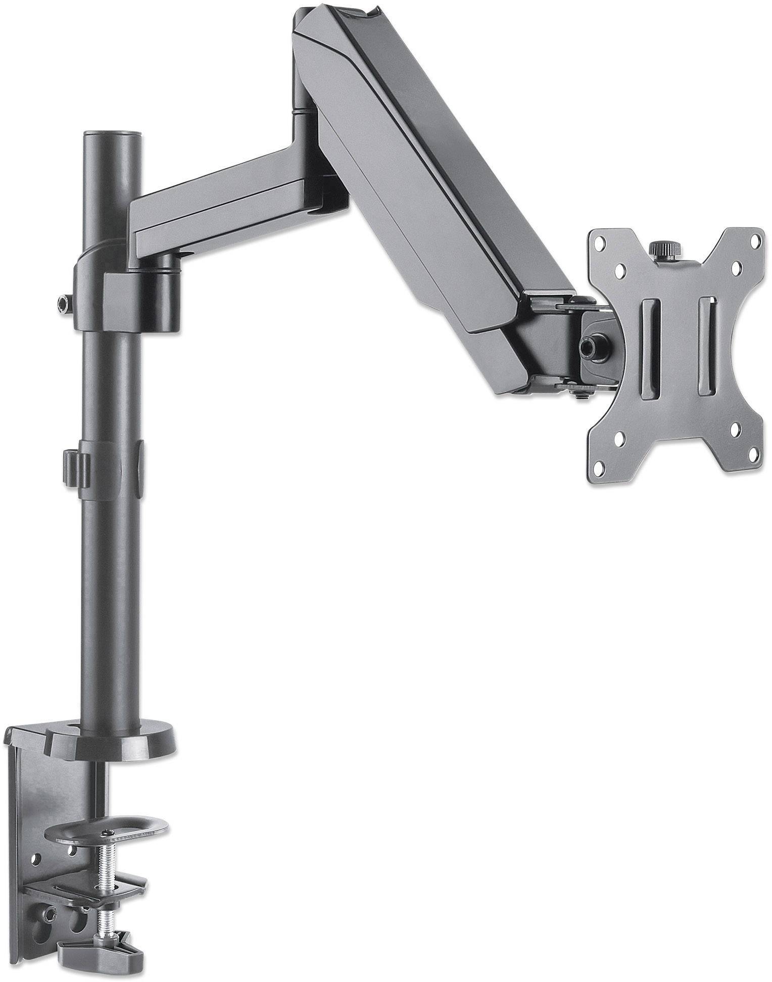 Sort monitorfæste med justerbar arm og bordklemme til fastgørelse. Velegnet til ergonomisk placering af en skærm.