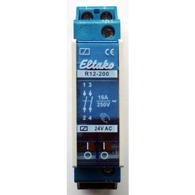 En blå elektrisk kontakt med påskriften 'Eltako R12-200', '16A 250V' og '24VAC'. Bruges til elektrisk styring.