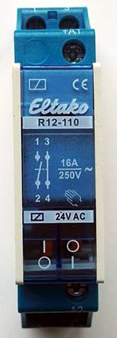 Blå Eltako R12-110 relæ med betegnelser for 16A, 250V og 24V AC.