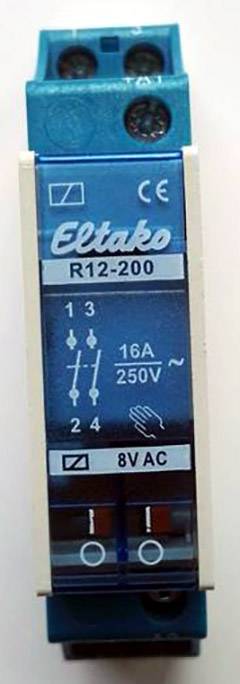 Blå Eltako R12-200 elektrisk kontakt, CE-certificeret. Koblingsstyrke: 16A, 250V~. Forbindelsespunkter 1, 2, 3, 4. Spænding: 8V AC.