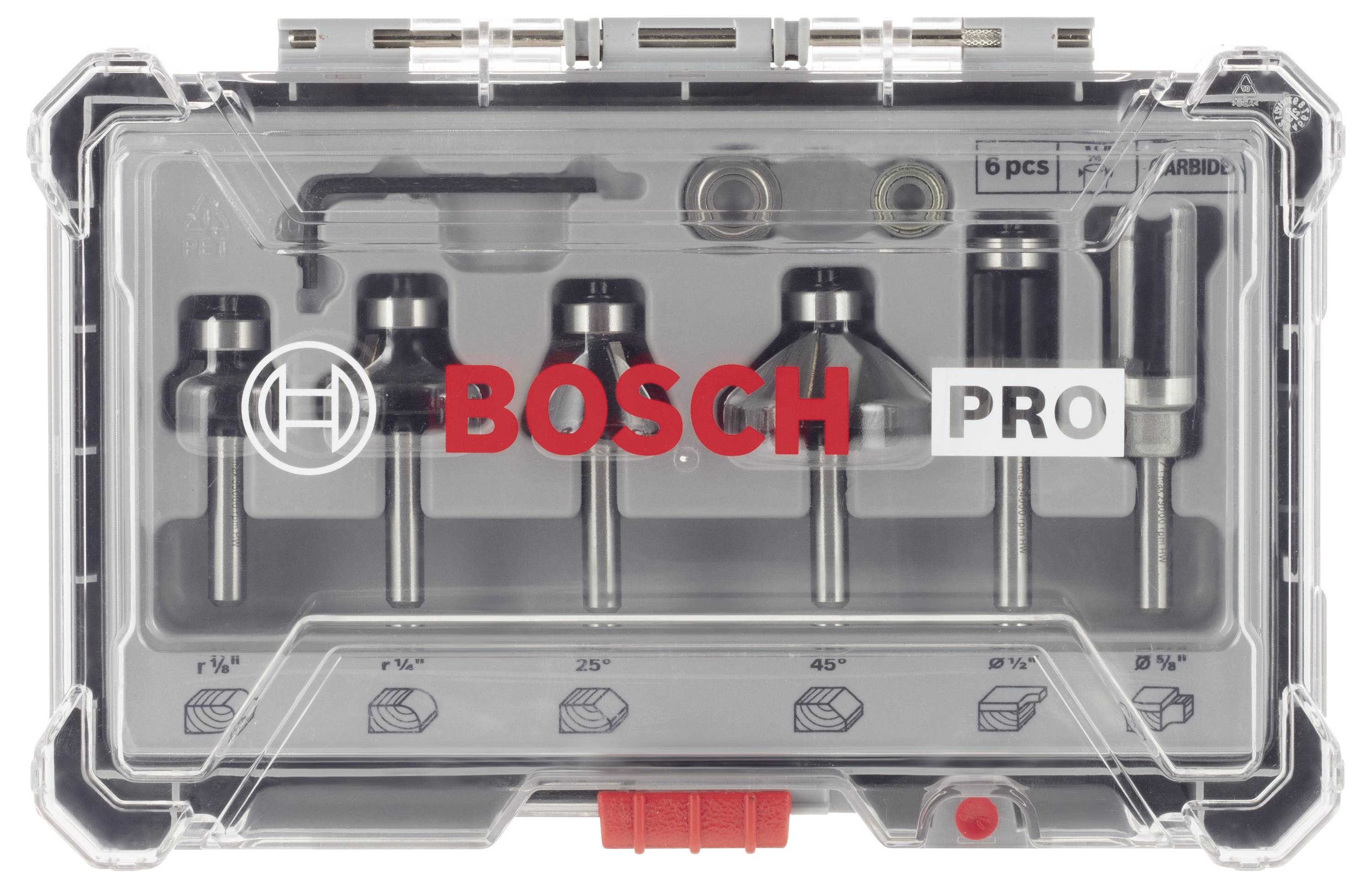 'Bosch Pro' hårdmetal-borsæt i transparent boks, indeholder 6 bor i forskellige størrelser til præcis boring i materialer.