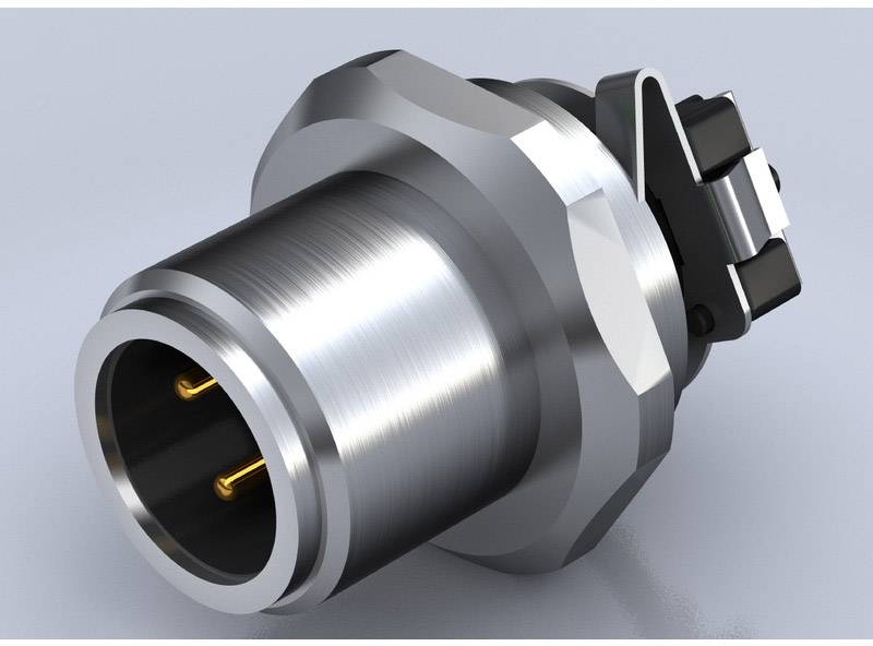 En cylindrisk metalstik med to guldbelagte ben og et sort hus, egnet til industrielle elektriske forbindelser.
