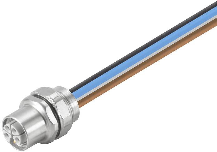 Et kabel med et metalstik og tre farvede ledninger: sort, blå og brun, synlige ved stikkets ende.