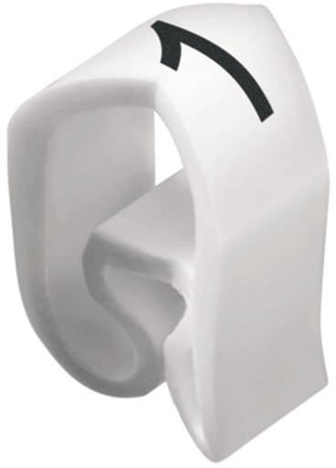 Hvid plastikclips med pilsymbol, bruges til kabelføring eller fastgørelse.