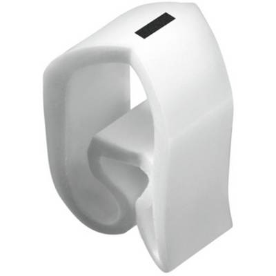En hvid, snoet plastikclips med et rektangulært, sort område øverst.