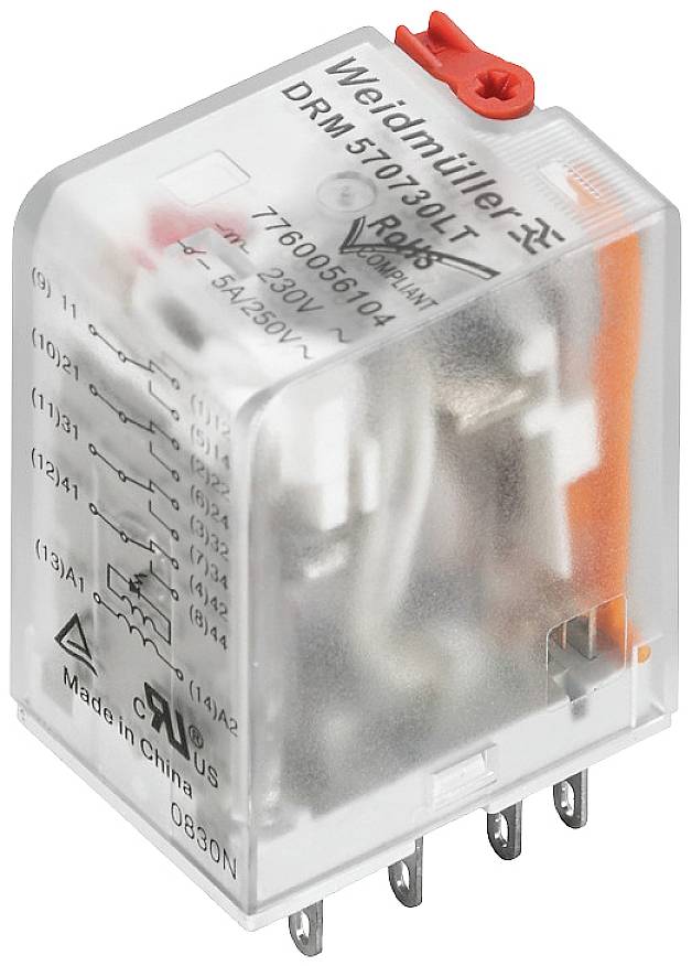 Et transparent Weidmüller-relæ med påtrykt 'DRM570730LT', som viser elektriske specifikationer og ben til stikforbindelser.