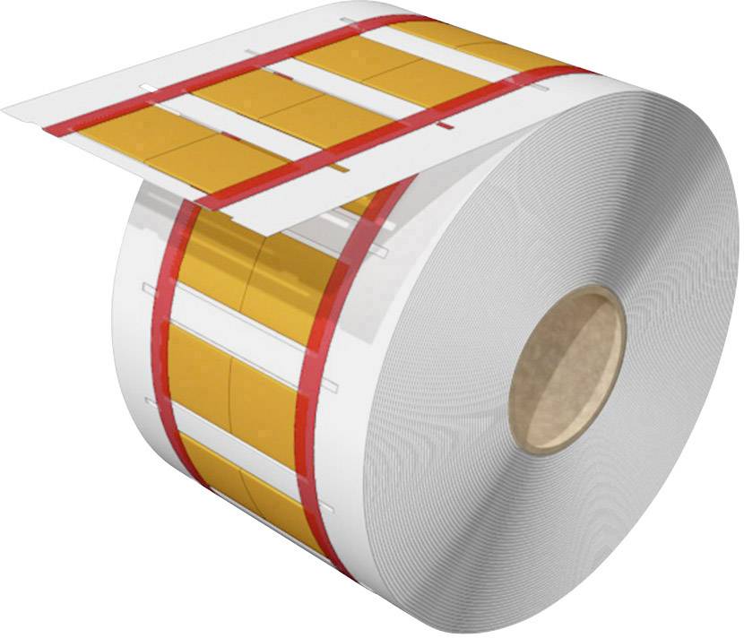 En stor rulle med gule og hvide etiketter, adskilt af røde linjer, klar til at mærke produkter.