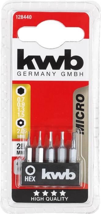 'Kwb Germany GmbH' Sekskant-bitssæt i gennemsigtig emballage. Indeholder seks bits i forskellige størrelser, fra 0,7 til 3 mm.
