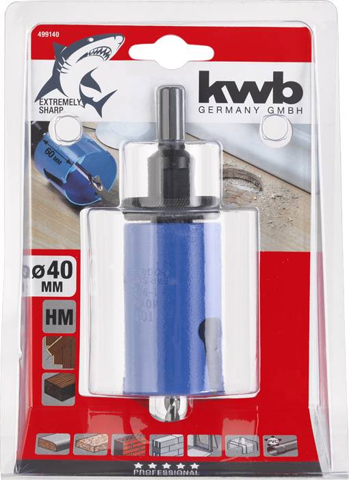 'kwb Germany GmbH' pakket hulsavsbor, diameter 40 mm. Emballagen viser anvendelsesmuligheder, f.eks. træ og gipsplade.