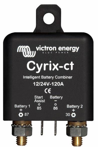 En sort batterikombinerer 'Victron Energy Cyrix-ct' til 12/24V-120A. Tilslutningsklemmer til start- og forsyningsbatteri.