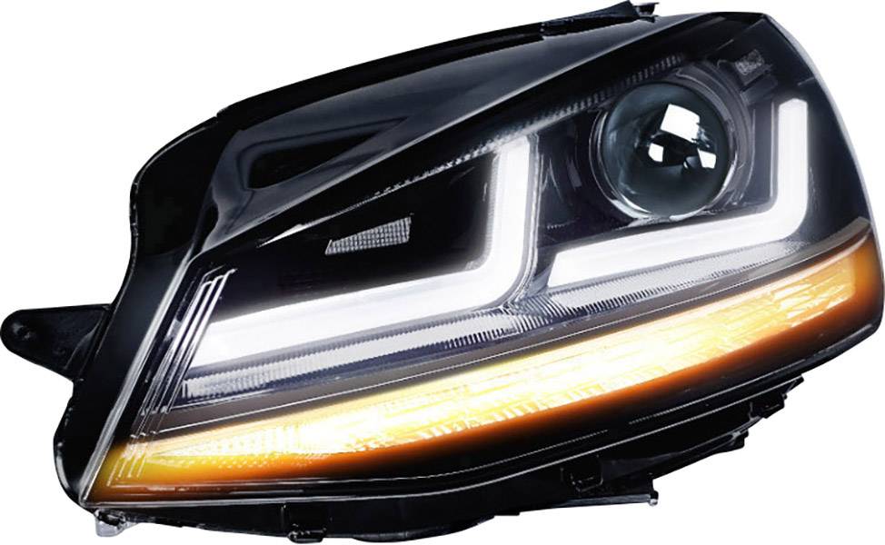 En bil forlygte med moderne LED-design, vandrette hvide kørelys og et orange blinklys nedenunder.