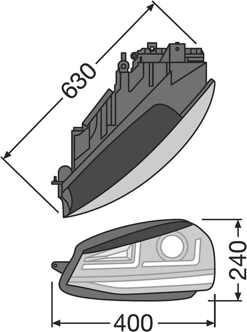 Lommelygte: Længde 630 mm, Højde 240 mm, Bredde 400 mm. Øverst: Hylstervisning, nederst: Frontvisning med synlige linser og reflektorer.