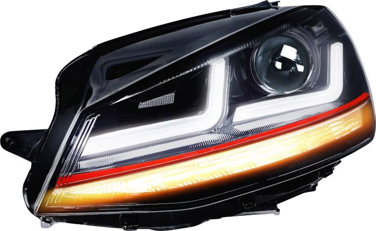 Forlygter på en bil med moderne LED-design, der viser skarpe linjer og integreret blinklygte.
