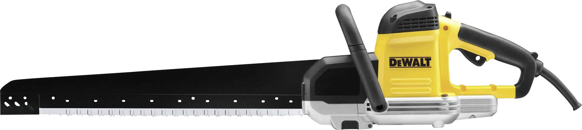 Elektrisk vibrerende sav med gult kabinet, et langt, sort savblad og et håndtag til brug ved byggearbejde.