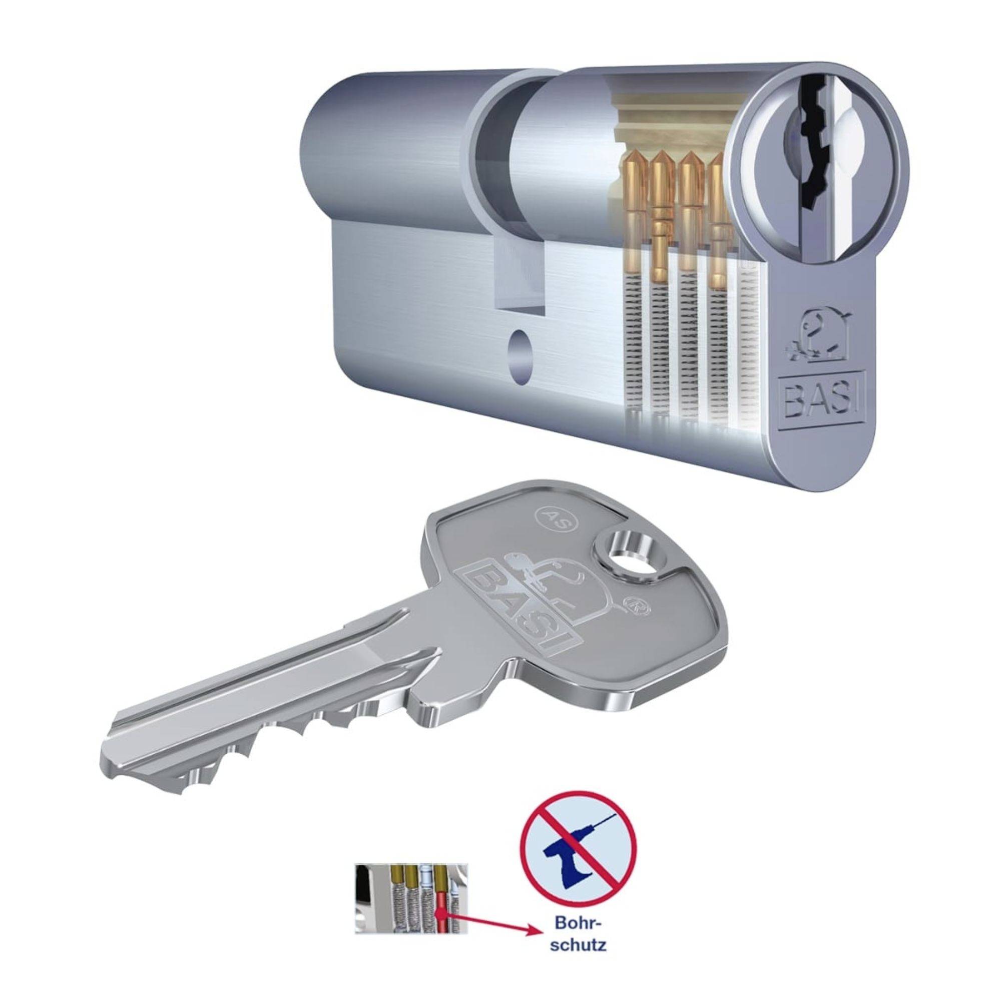 Cylinder med nøgle, viser sikkerhedsfunktioner som borebeskyttelse. Primært fremstillet af blank metal.