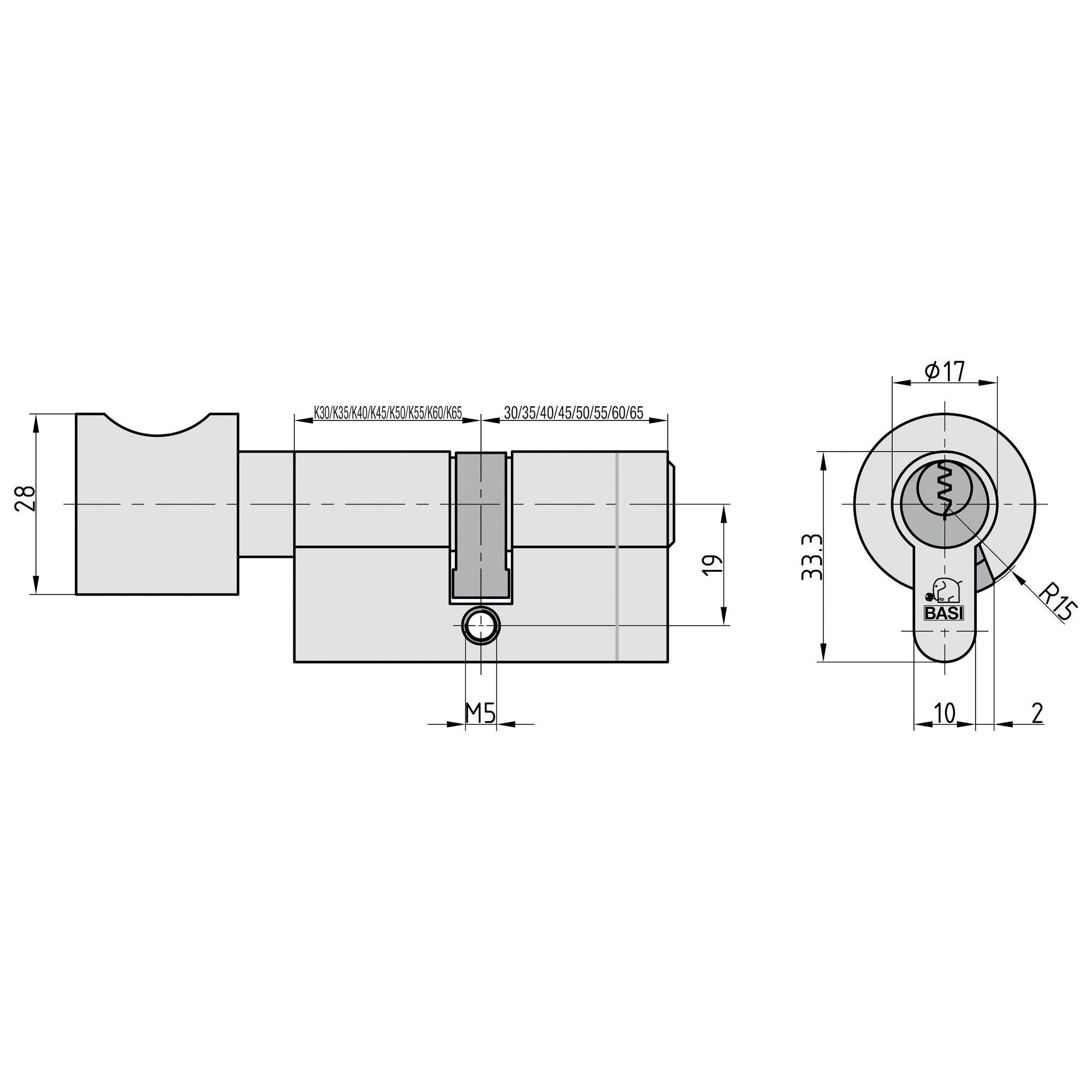 Teknisk tegning af en cylinderlås med mål og tværsnitsvisning. Viser detaljerede specifikationer som diameter og skrueplacering.