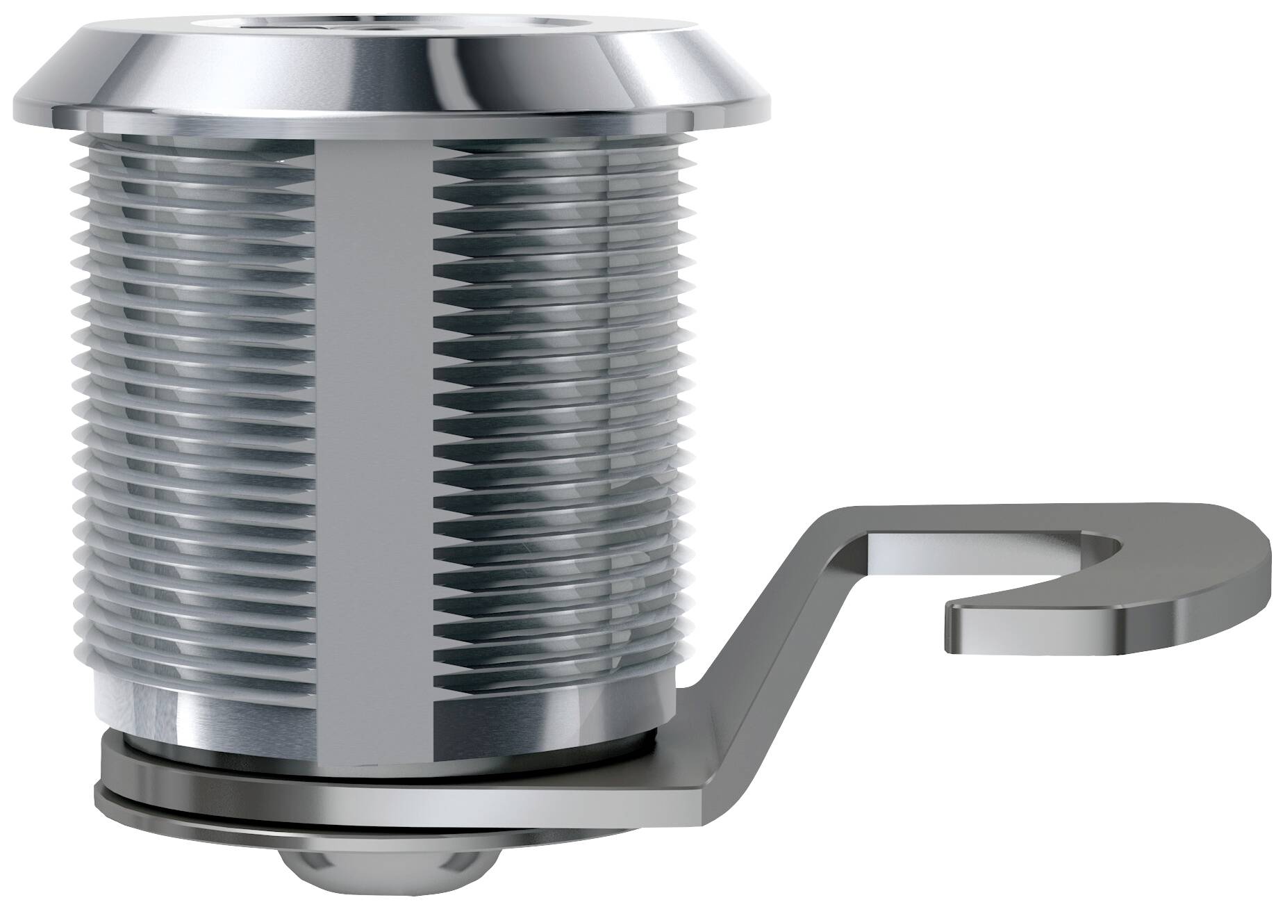 En sølvfarvet metalcylinder til lås med en bøjet løftearm ved siden, sandsynligvis til sikring af døre eller skabe.