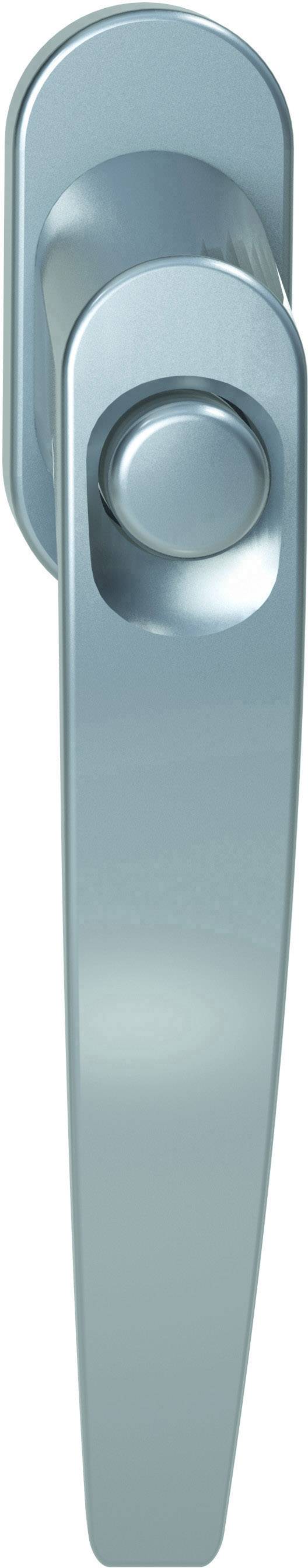 Et blåt vindueshåndtag i vertikal position viser, at vinduet er lukket.