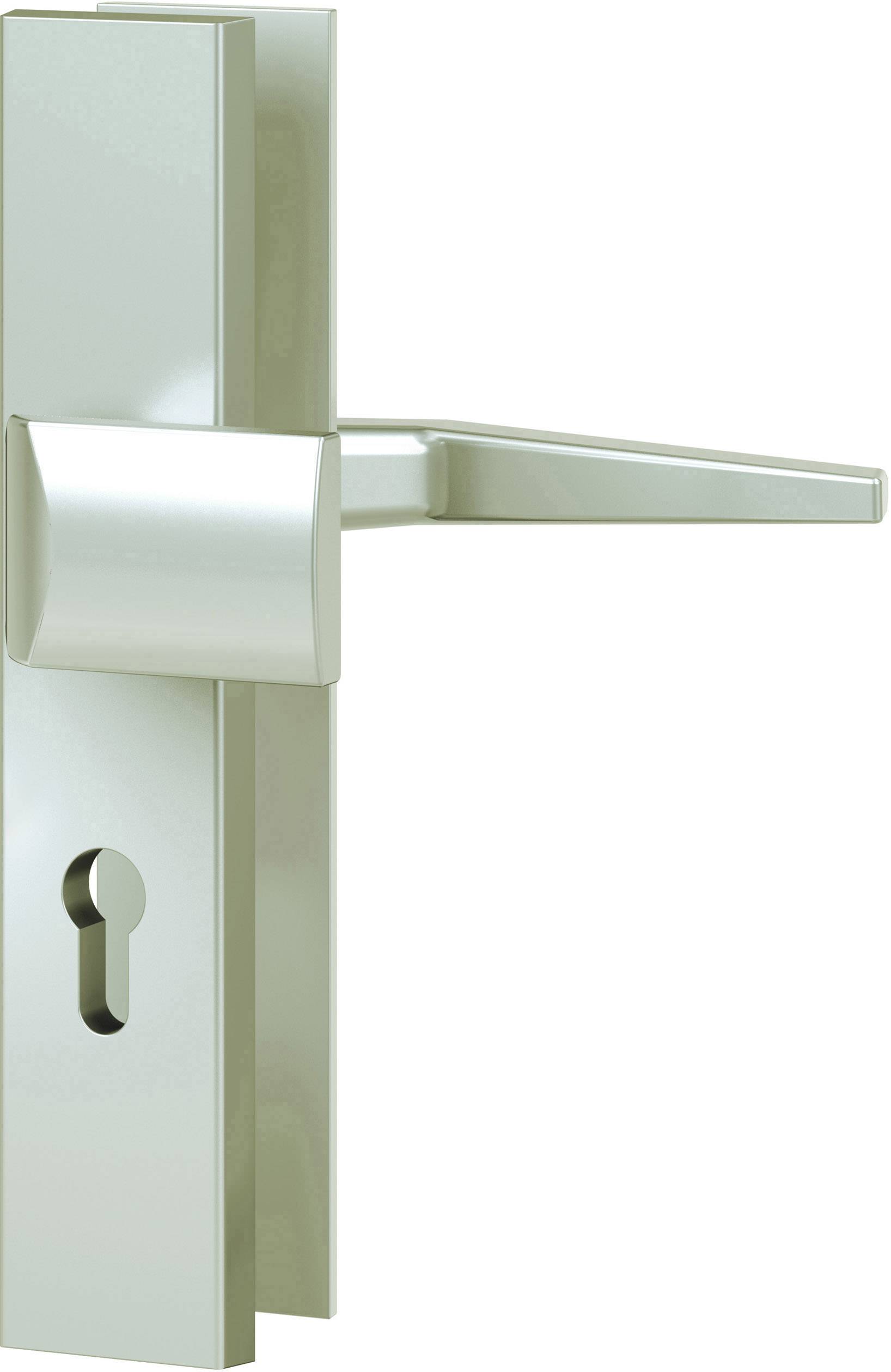 Metal dørgrebssæt med nøglehul, moderne design, sølvfarvet. Egnet til indvendige og udvendige døre.
