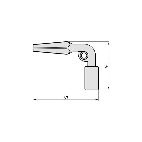 Teknisk tegning af et L-formet rør med en buet vinkel. Dimensioner: 67 mm længde og 50 mm højde.