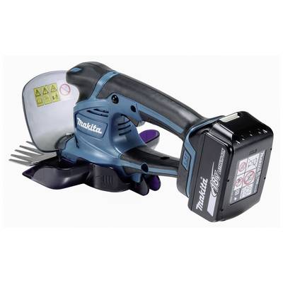 En trådløs havemaskine fra Makita med sikkerhedsmærkater og et ergonomisk håndtag, egnet til at klippe buske.